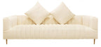 90" Ivory Velvet Sofa And Toss Pillows With Gold Legs