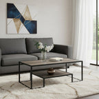 45" Brown and Black Metal Sled Coffee Table With Shelf