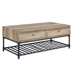 47" Oak and Brown Metal Coffee Table With Two Drawers And Shelf