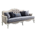 88" Cream Linen Damask Sofa And Toss Pillows With White Legs
