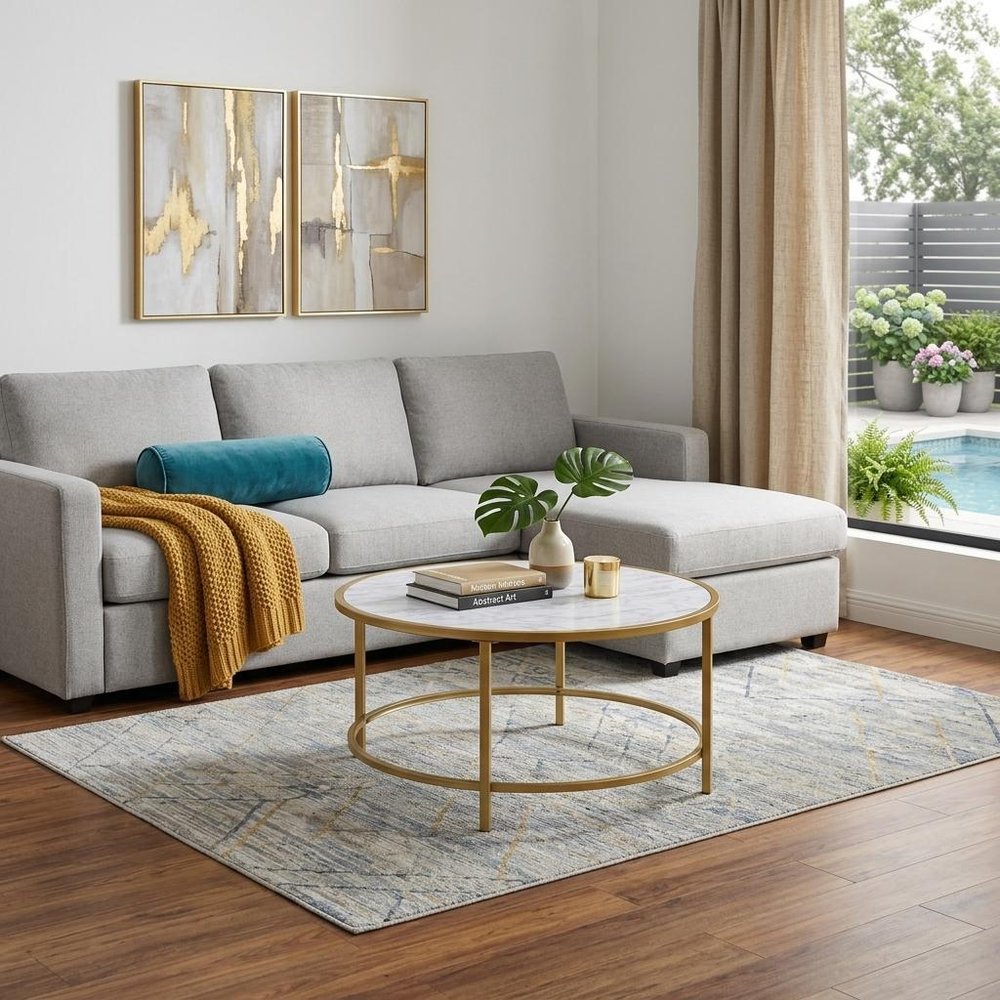 36" White And Gold Faux Marble And Metal Round Coffee Table