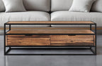 50" Brown And Black Solid Wood And Metal Coffee Table With Two Drawers And Shelf