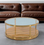 43" Clear Gold And Brown Glass Wood and Metal Round Coffee Table With Shelf