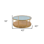 43" Clear Gold And Brown Glass Wood and Metal Round Coffee Table With Shelf