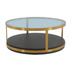 43" Clear And Black Gold Glass And Solid Wood and Metal Round Coffee Table With Shelf