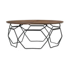 36" Brown And Black Solid Wood And Metal Round Coffee Table