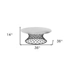 36" White And Black Genuine Marble And Metal Round Coffee Table
