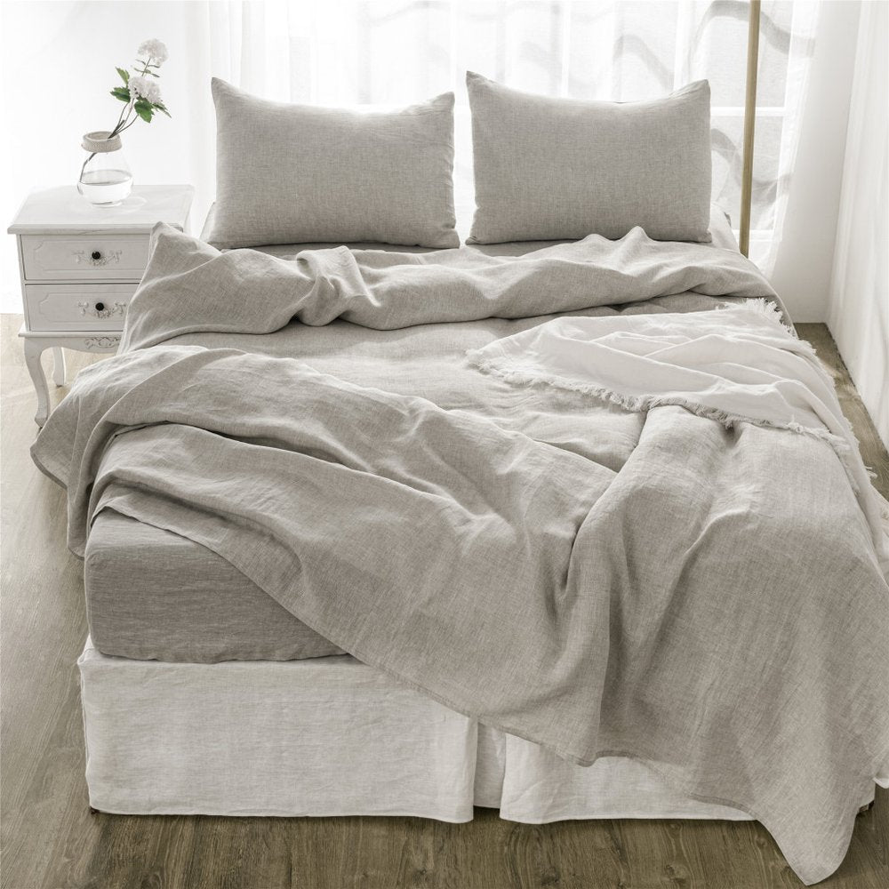 Four Piece Light Gray Linen California King Sheet Set