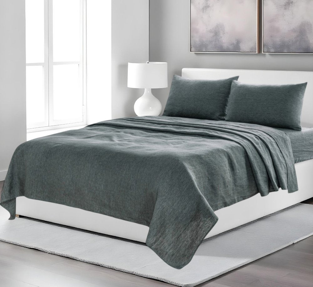 Four Piece Light Gray Linen California King Sheet Set