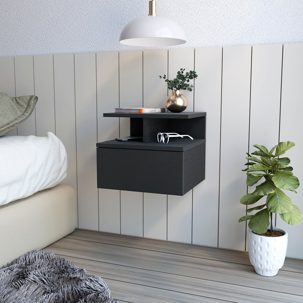 12" Black Wood One Drawer Floating Nightstand