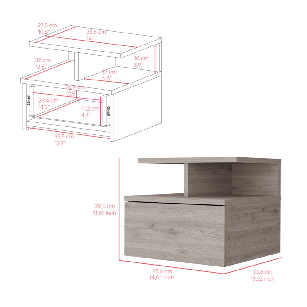 12" Light Gray Wood One Drawer Nightstand