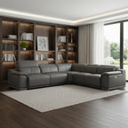 Gray Italian Leather Power Reclining U Shaped Five Piece Corner Sectional With Console