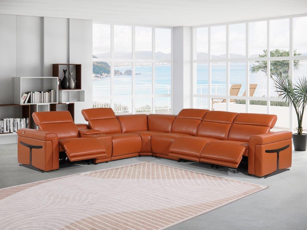 Camel Italian Leather Modular L Shaped Seven Piece Corner Sectional With Console