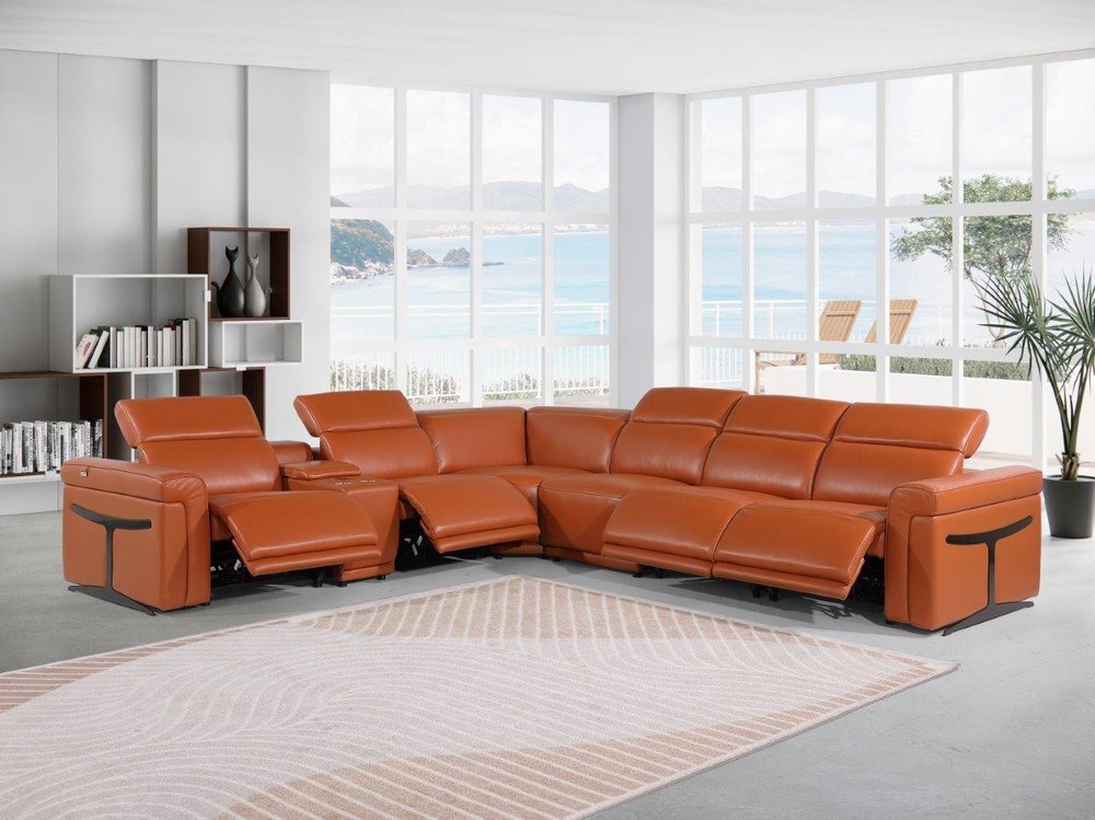 Camel Italian Leather Modular L Shaped Seven Piece Corner Sectional With Console