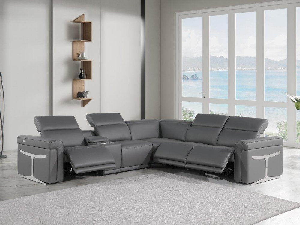 Gray Italian Leather Modular L Shaped Seven Piece Corner Sectional With Console