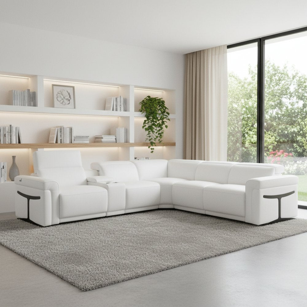 White Italian Leather Modular L Shaped Six Piece Corner Sectional With Console