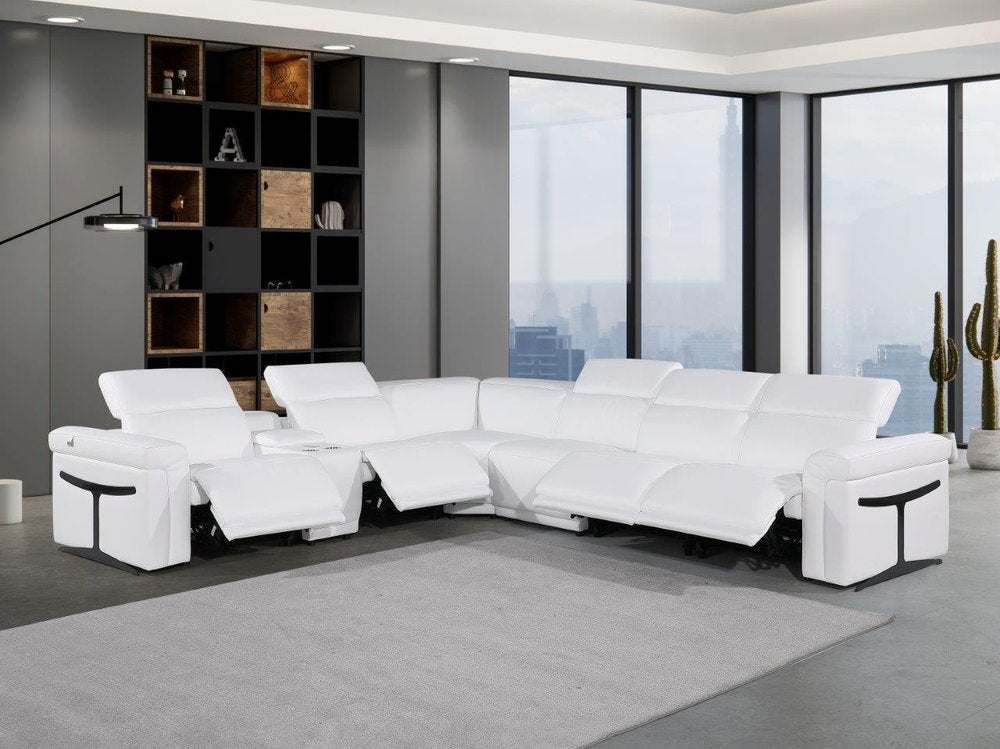 White Italian Leather Modular L Shaped Seven Piece Corner Sectional With Console