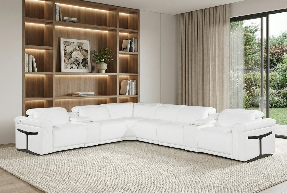 White Italian Leather Modular L Shaped Eight Piece Corner Sectional With Console