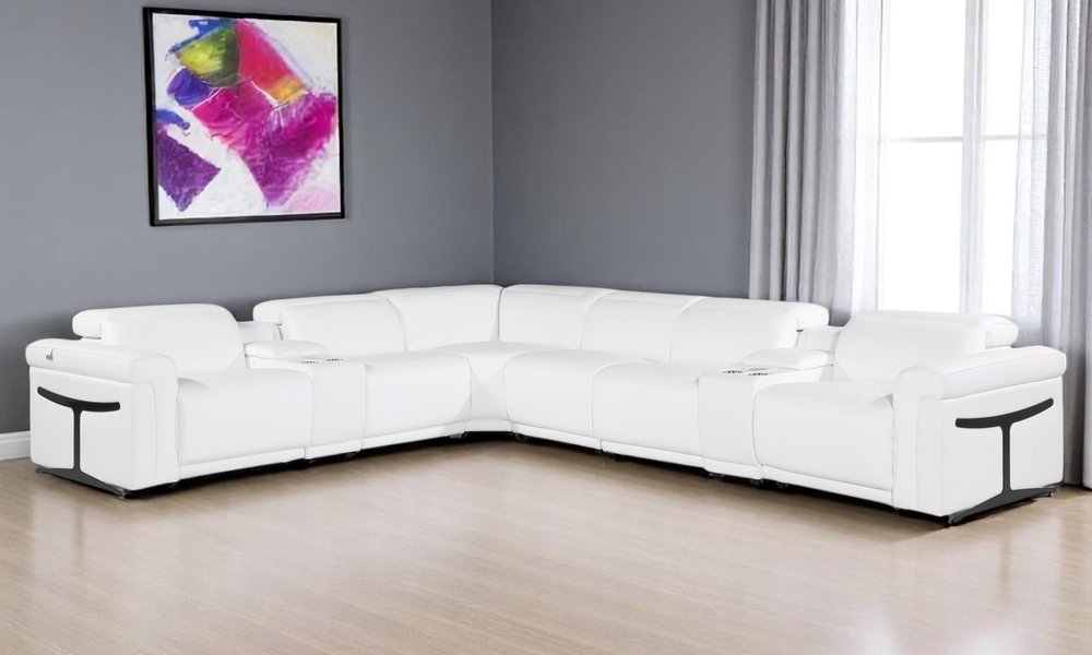 White Italian Leather Modular L Shaped Eight Piece Corner Sectional With Console