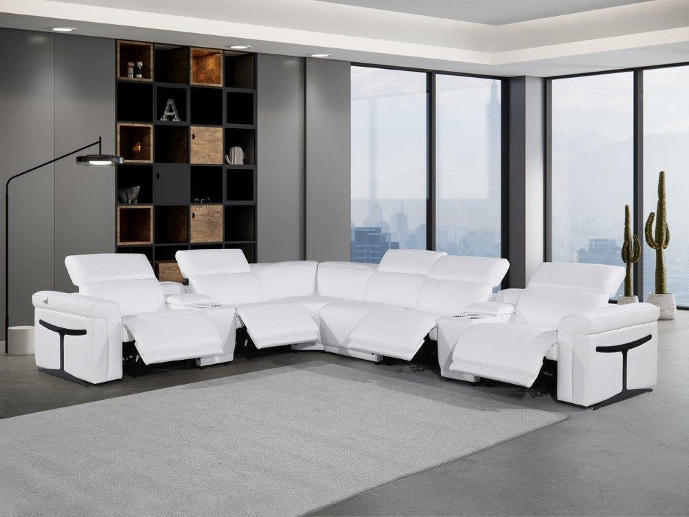 White Italian Leather Modular L Shaped Eight Piece Corner Sectional With Console