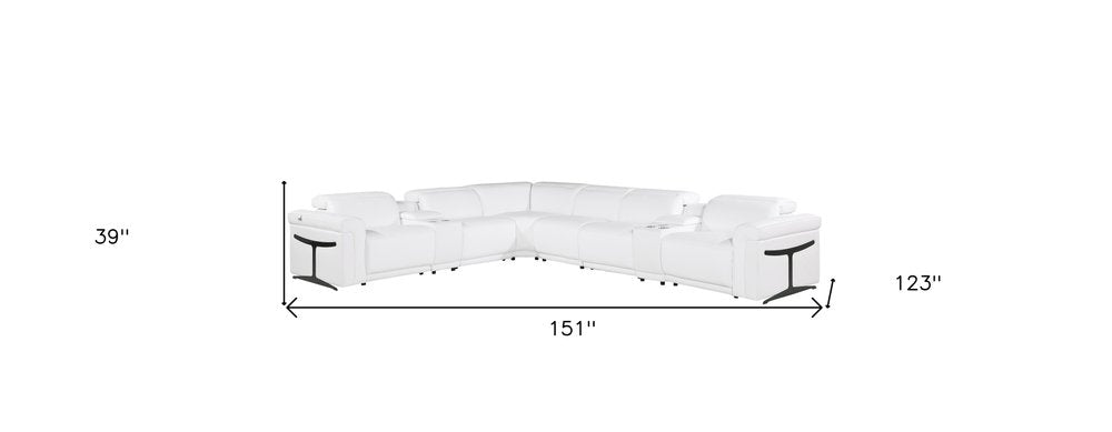 White Italian Leather Modular L Shaped Eight Piece Corner Sectional With Console