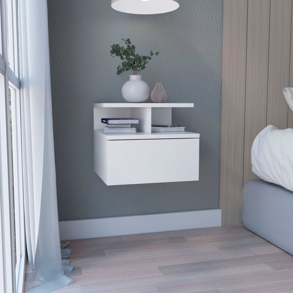 12" White Wood One Drawer Floating Nightstand