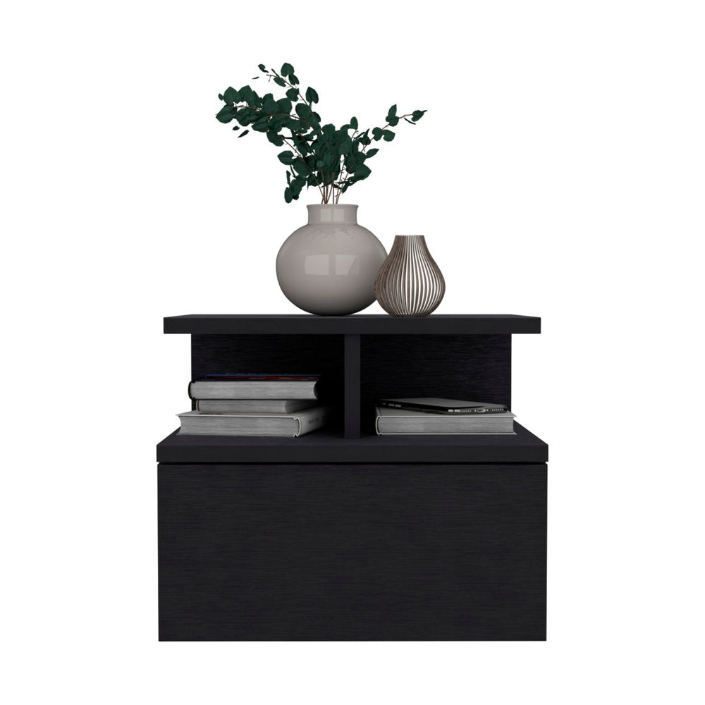12" Black Wood One Drawer Floating Nightstand