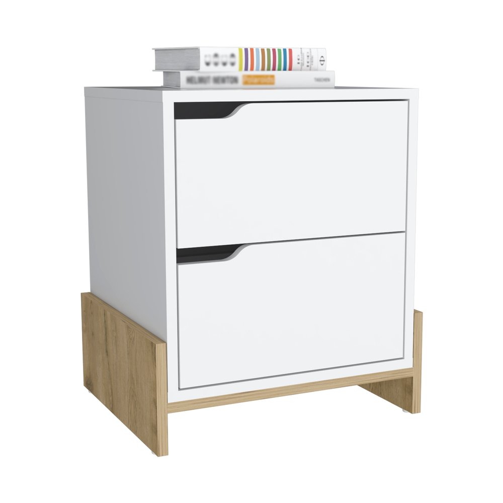 20" White And Natural Wood Two Drawer Nightstand
