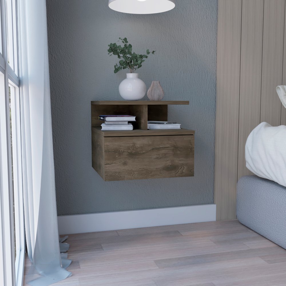 12" Brown Wood One Drawer Floating Nightstand