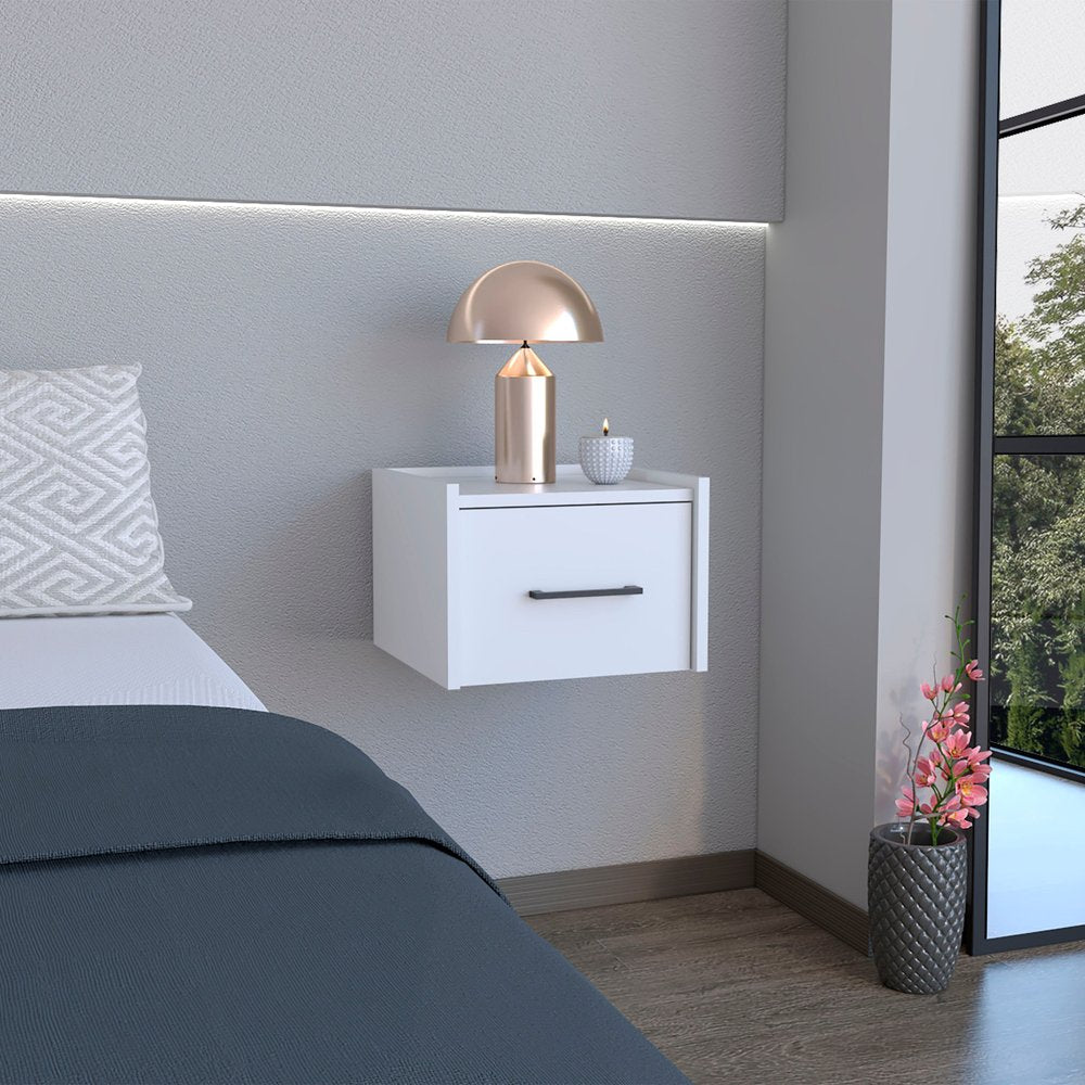 10" White Wood One Drawer Floating Nightstand