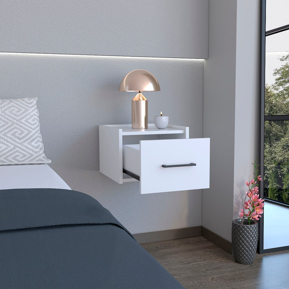 10" White Wood One Drawer Floating Nightstand