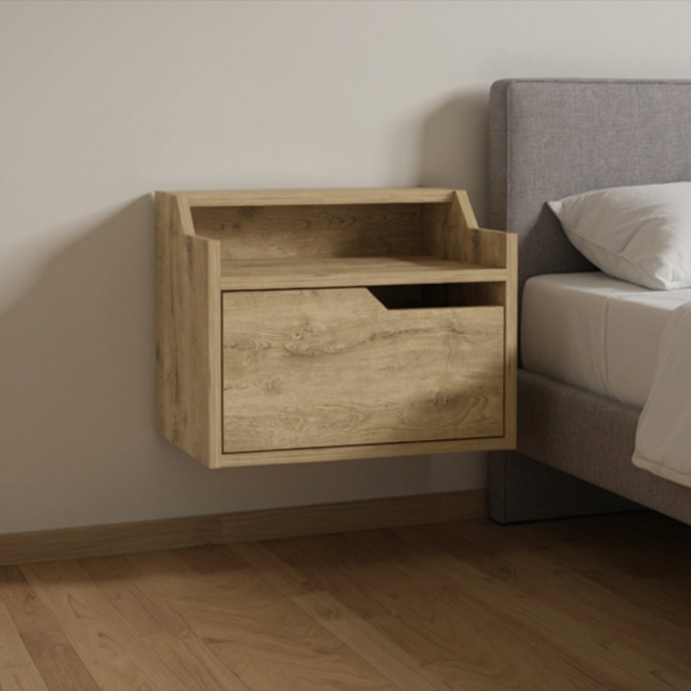 13" Beige Wood One Drawer Floating Nightstand
