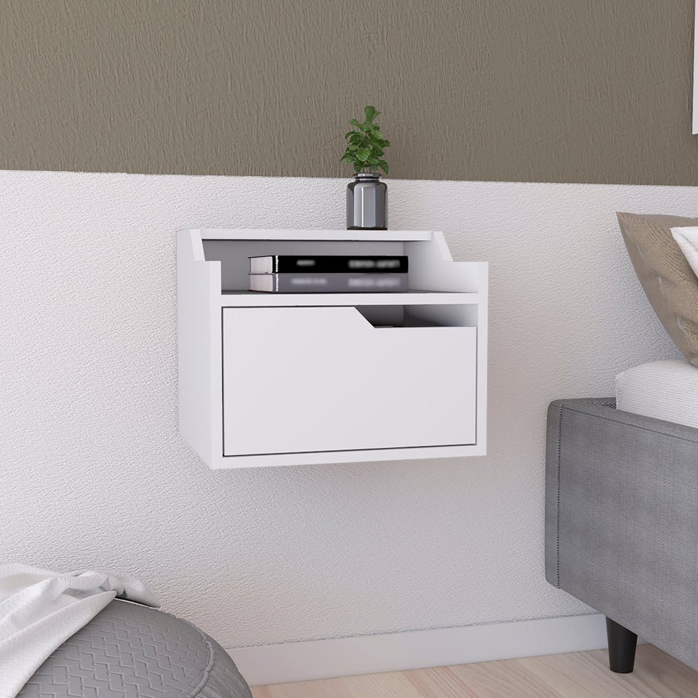 13" White Wood One Drawer Floating Nightstand