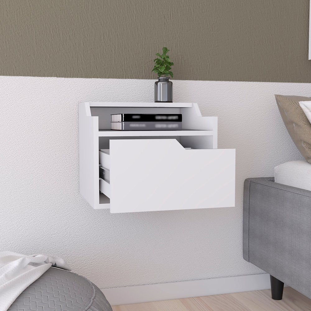 16" White Wood One Drawer Floating Nightstand