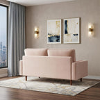 69" Beige Velvet Sofa And Toss Pillows With Dark Brown Legs