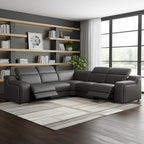 Dark Gray Italian Leather Power Reclining L Shaped Five Piece Corner Sectional