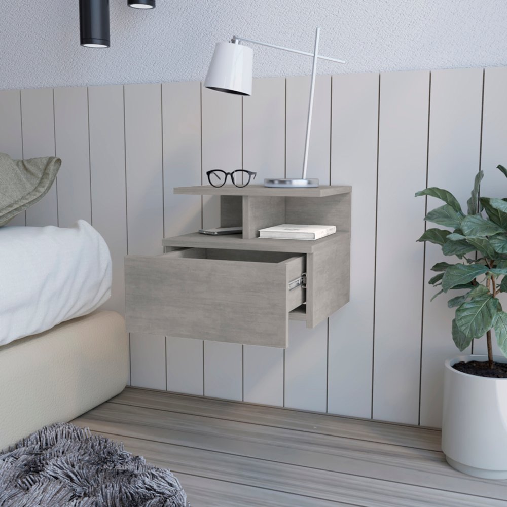 13" Gray Wood One Drawer Floating Nightstand
