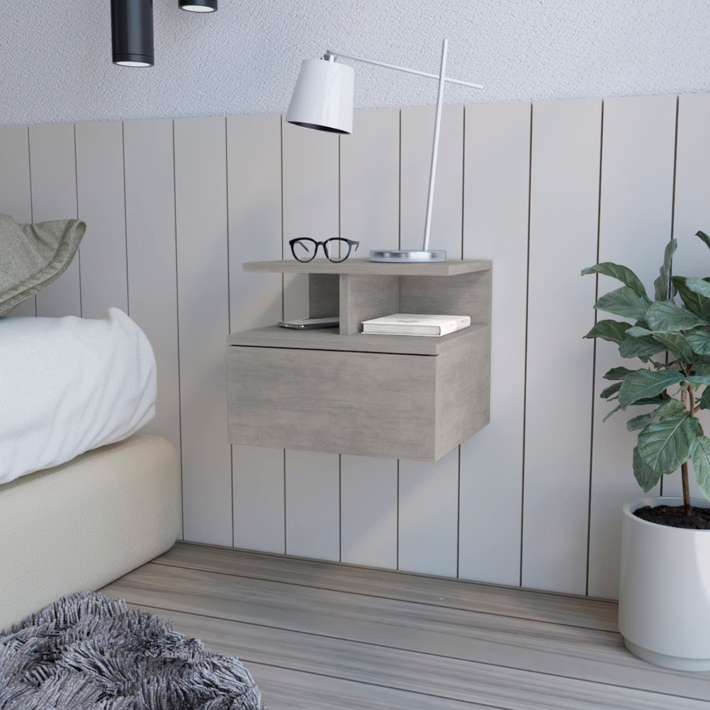 13" Gray Wood One Drawer Floating Nightstand