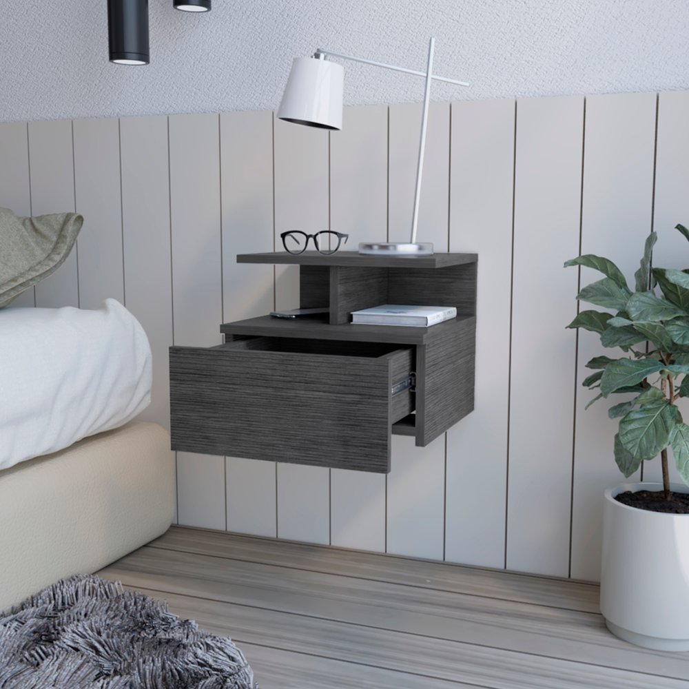 13" Dark Gray Wood One Drawer Floating Nightstand