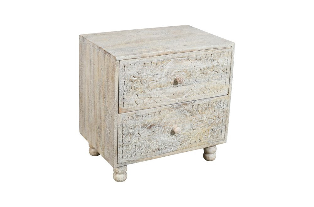 24" Natural And White Solid Wood Distressed Carved Scrollwork Two Drawer Nightstand