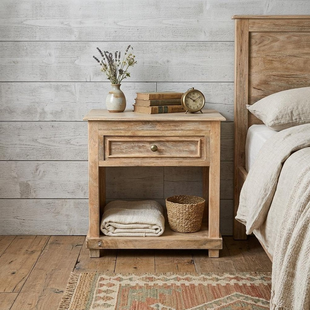 28" Distressed Natural One Drawer Solid Wood Nightstand