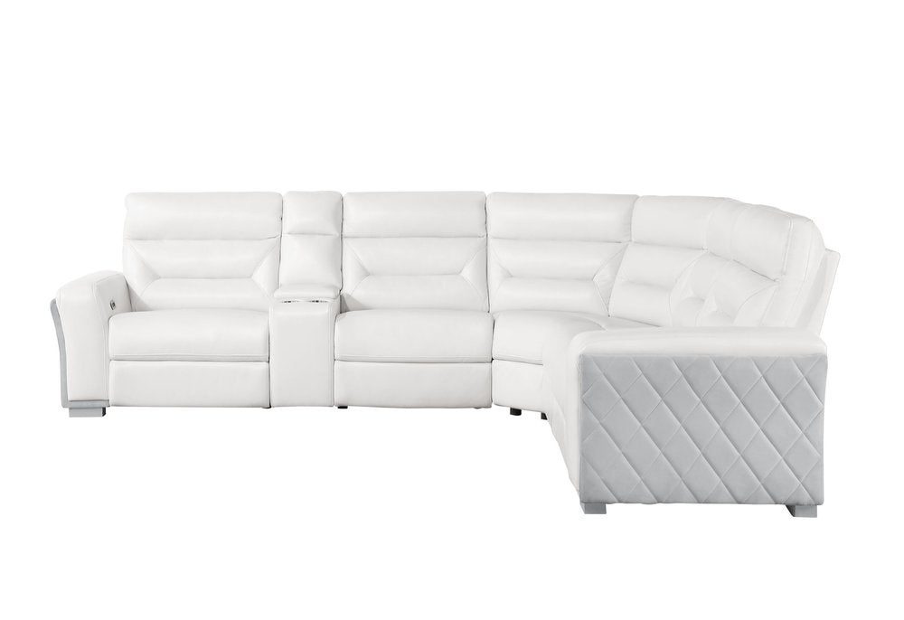 Gray And White Faux Leather Power Reclining Curved Corner Sectional With Console