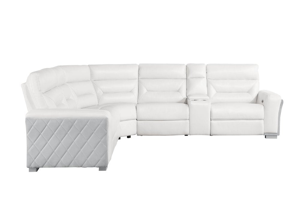 Gray And White Faux Leather Power Reclining Curved Corner Sectional With Console