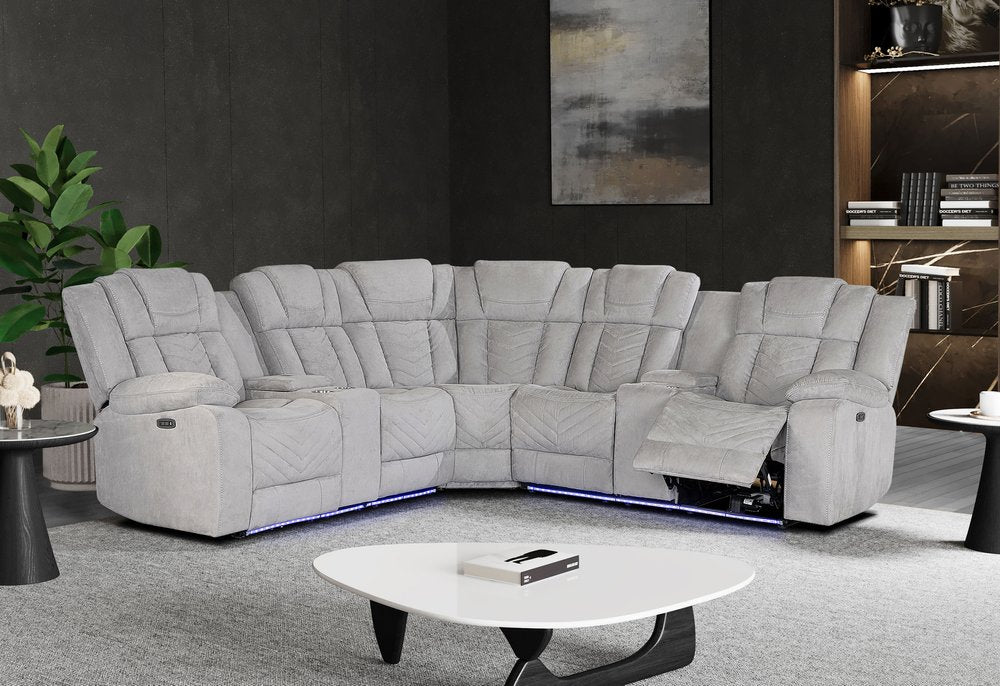 Light Gray Fabric Power Reclining Curved Corner Sectional With Console