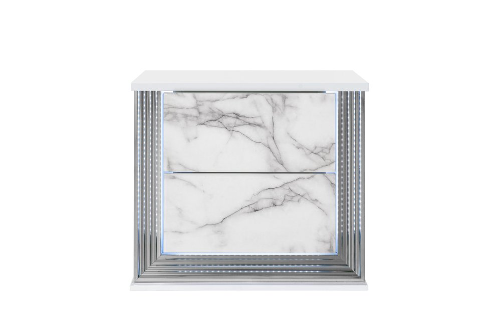 25" White Wood Faux Marble Solid and Manufactured Wood Lighted Two Drawer Nightstand with USB Port
