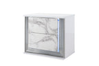 25" White Wood Faux Marble Solid and Manufactured Wood Lighted Two Drawer Nightstand with USB Port