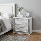 25" White Wood Faux Marble Solid and Manufactured Wood Lighted Two Drawer Nightstand with USB Port