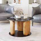 30" Black and Brown Genuine Marble Marble and Solid Wood Round Coffee Table