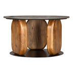 30" Black and Brown Genuine Marble Marble and Solid Wood Round Coffee Table