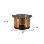 30" Black and Brown Genuine Marble Marble and Solid Wood Round Coffee Table